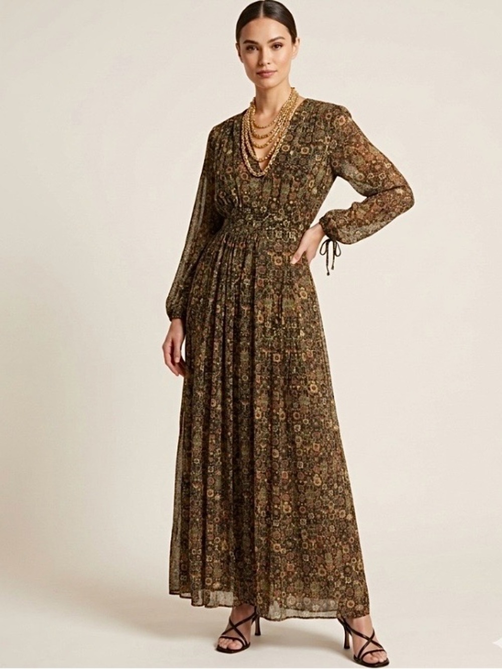 Ronny Kobo Silk Chiffon Louisiana Tapestry Print Brown Maxi Dress XS Designer